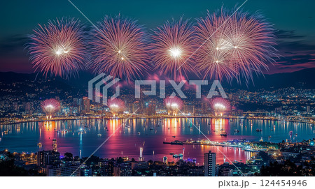 花火と美しい夜景と海。夏祭りの花火大会。カウントダウンや独立記念日を祝う花火 124454946