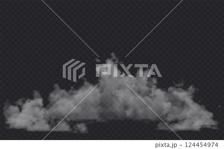 Smoke effect on transparent dark background. Fog gray cloud above the floor surface. 124454974