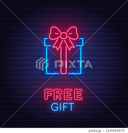 Neon gift box sign on brick wall background. Free gift glow symbol. Neon gift box sign on brick wall background. Free gift glow symbol. 124454975