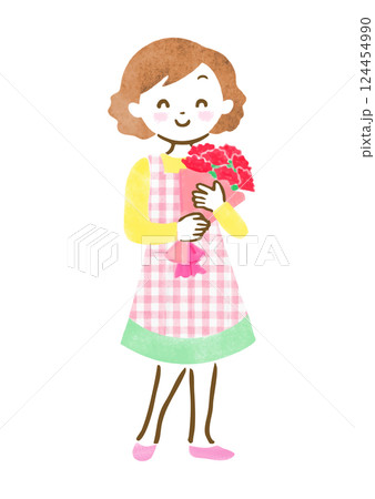 笑顔でカーネーションの花束を持っている母親の全身イラスト 124454990