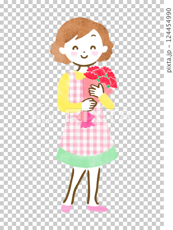 笑顔でカーネーションの花束を持っている母親の全身イラスト 124454990