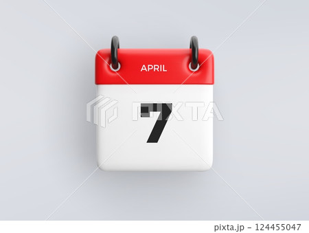 3D calendar icon with date 7 April on grey background. Vector schedule symbol. 124455047