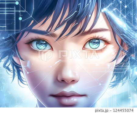 ホログラフィックディスプレイと瞳のアップのイラスト素材 124455074