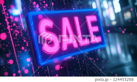 ネオン輝くSALEロゴとサイバーパンク風 ネオン輝くSALEロゴとサイバーパンク風 124455208