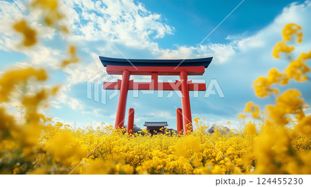 菜の花に包まれる鳥居 124455230