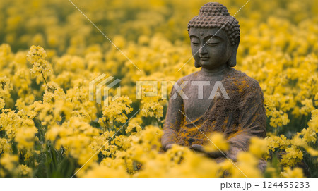 菜の花に包まれる石仏 124455233
