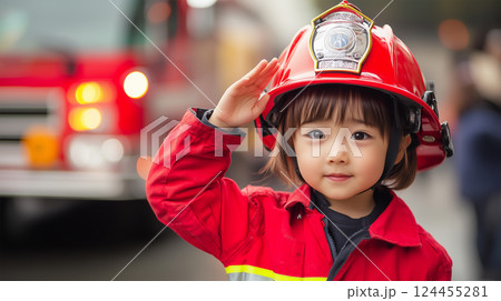 消防車の前で敬礼する日本人の子ども 124455281