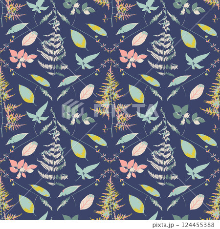 Seamless pattern with dry herbs and leaves on blue background. Wild field and forest plants wallpaper 124455388
