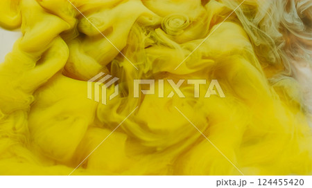 Hypnotic fluid. Haze wave. Yellow liquid paint fantasy spiral smoke swirl. Dye water veil blend vivid color abstract fantasy background. 124455420