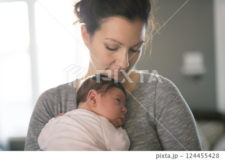 Happy mother holding adorable child baby on the living room 124455428