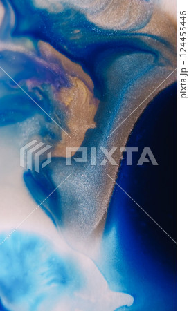 Wet texture. Acrylic wave. Defocused blue purple white colorful chemical ripple in glitter water blend on abstract art background. 124455446