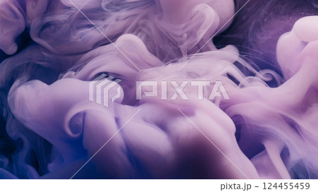 Watercolor fume. Fantasy fluid. Violet color paint smoke wave swirl blend abstract background. Blur dissolving dye cloud curl texture. 124455459