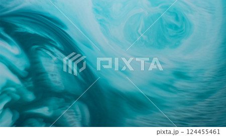 Underwater splash. Acrylic stream. Defocused blue fantasy color marbling flow mix paint in water spreading on abstract art background. 124455461