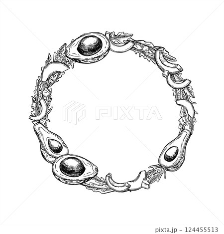 Fresh tomatoes, sweet bell peppers and parsley wreath line ink illustration in black and white. Etching drawing of salad leaves with vegetable round frame with empty space for text. 124455513