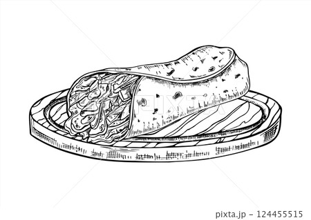 Tortilla wrap filled with meat and vegetables, placed on rustic wooden round board vector art. Traditional Mexican take away burritos for food packaging, menu designs, or healthy eating campaigns 124455515