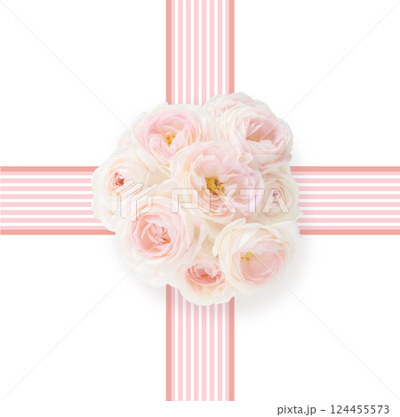 プレゼント箱の花束リボンフレーム枠イラスト背景　母の日　淡いピンク色のかわいい写真パステルカラー 124455573