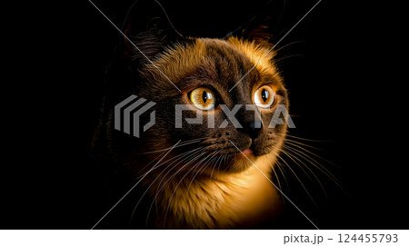 A close up of a cat's face in the dark 124455793