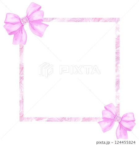 Hand drawn watercolor pink bow with gemstones frame border isolated on white background. Can be used for cards, album scrapbook and other printed products. 124455824