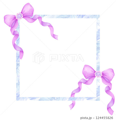 Hand drawn watercolor purple bow with gemstones frame border isolated on white background. Can be used for cards, album scrapbook and other printed products. 124455826