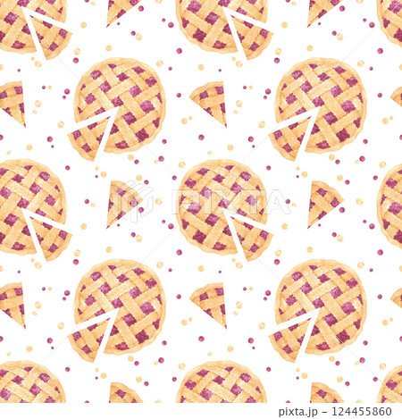 Hand drawn watercolor berry pie seamless pattern. Illustration of food isolated on white background. Can be used for textile, fabric, scrapbook and other printed products. Hand drawn watercolor berry pie seamless pattern. Illustration of food isolated on white background. Can be used for textile, fabric, scrapbook and other printed products. 124455860