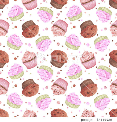 Hand drawn watercolor cupcakes with confetti seamless pattern. Illustration of food isolated on white background. Can be used for textile, fabric, scrapbook and other printed products. 124455861