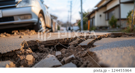 cracked road with visible damage caused by earthquake, with car and houses in background cracked road with visible damage caused by earthquake, with car and houses in background 124455964