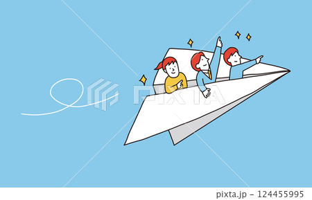 紙飛行機に乗って目標を目指す人々のイメージイラスト 124455995