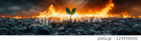 Green plant surviving in burned soil in the war zone with fire burning in the background, symbolizing hope and resilience Green plant surviving in burned soil in the war zone with fire burning in the background, symbolizing hope and resilience 124456030