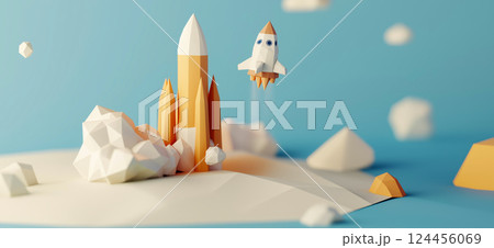Kennedy Space Center. 3D rendering of Kennedy Space Center simple low poly origami style, web banner with copy space 124456069