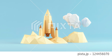 Kennedy Space Center. 3D rendering of Kennedy Space Center simple low poly origami style, web banner with copy space 124456070