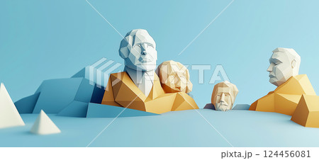 Mount Rushmore. 3D rendering of Mount Rushmore simple low poly origami style, web banner with copy space Mount Rushmore. 3D rendering of Mount Rushmore simple low poly origami style, web banner with copy space 124456081