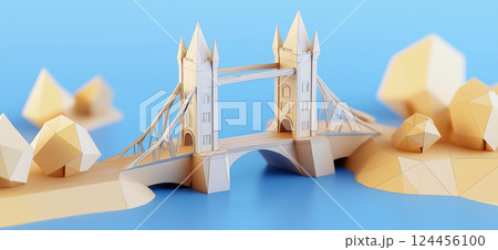 Tower Bridge. 3D rendering of Tower Bridge in London simple low poly origami style, web banner with copy space 124456100