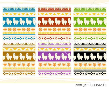 ゆるかわいいアルパカのインカ風シームレスパターン6種セット 124456412