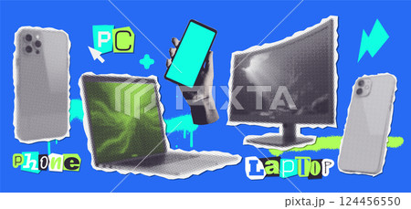 Halftone elements set of a laptop, PC monitor, phones. Torn put paper stickers with computer and devises. A template for feedback, business coworking, and study. Vector illustration. 124456550