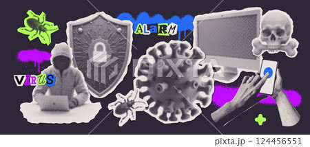 Halftone collage stickers set in theme of computer virus, cybersecurity and personal data protection. Shield with digital lock. Trendy pop art mixed media concept. Laptop computer and Halftone hands. 124456551