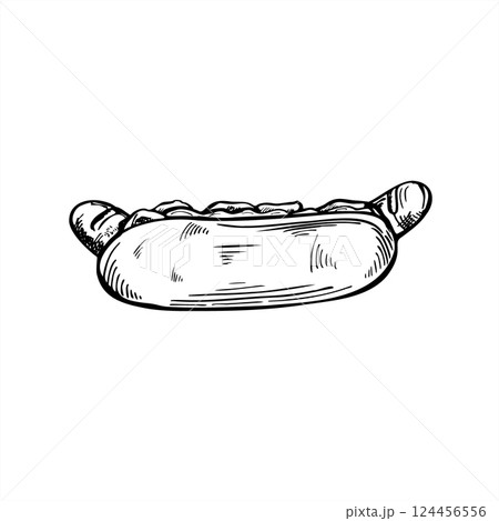 Monochrome vector frankfurter in bun with sauces line ink illustration in black and white. Classic sausage sandwich, hot dog style. American street food for menus, packaging, and diner branding. 124456556