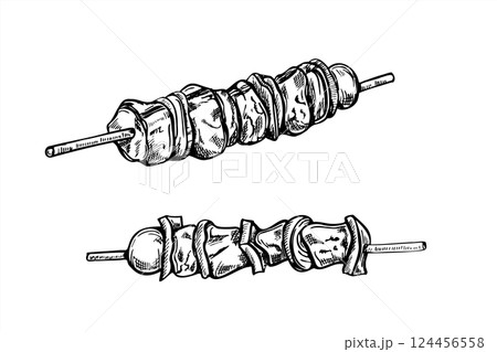 Monochrome vector meat on wooden sticks with peppers and cherry tomatoes on stick line art black ink sketch. Etching drawing of grilled kebab for BBQ menus, street food branding, and summer party. Monochrome vector meat on wooden sticks with peppers and cherry tomatoes on stick line art black ink sketch. Etching drawing of grilled kebab for BBQ menus, street food branding, and summer party. 124456558