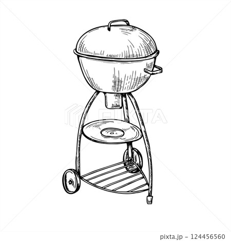 Compact kettle grill with wheels vector illustration painted by black inks. Etching drawing of modern portable BBQ mangal. Family sized travel barbecue for picnics, camping, and small gardens 124456560