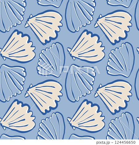 Hand drawn sea shells scallops blue beige seamless pattern in doodle sketchy style on blue background. Line art sea shell vector background 124456650