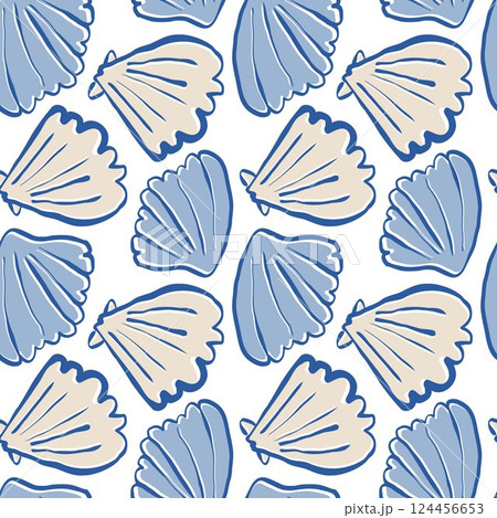 Hand drawn sea shells scallops blue beige seamless pattern in doodle sketchy style on white background. Line art sea shell vector background 124456653