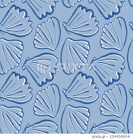 Hand drawn sea shells scallops blue seamless pattern in doodle sketchy style on blue background. Line art sea shell vector background Hand drawn sea shells scallops blue seamless pattern in doodle sketchy style on blue background. Line art sea shell vector background 124456654