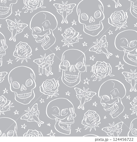 Seamless pattern with hand drawn gray and white inky floral skulls surrounded by luna moths and roses 124456722