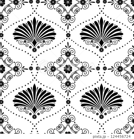 Seamless pattern with black anthemion floral shapes and ogee geometrical motifs on a white background Seamless pattern with black anthemion floral shapes and ogee geometrical motifs on a white background 124456724