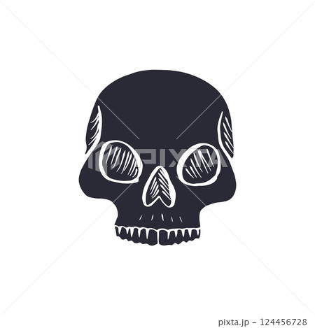 Hand drawn black silhouette human skull isolated on white background 124456728