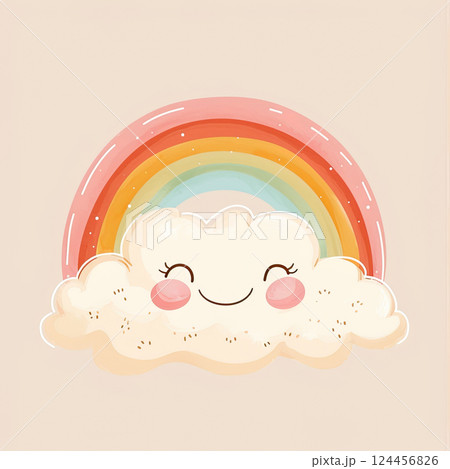 Cute cartoon cloud with blushing cheeks and colorful rainbow on pastel background. Cute cartoon cloud with blushing cheeks and colorful rainbow on pastel background. 124456826