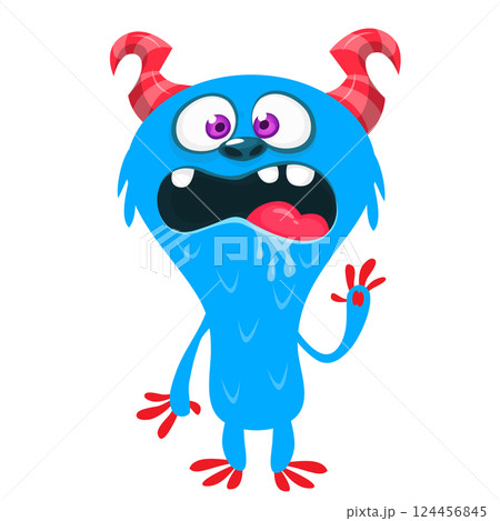 Cartoon cute monster with funny excited face expression waving hands. Vector illustration isolated on white. Halloween design Cartoon cute monster with funny excited face expression waving hands. Vector illustration isolated on white. Halloween design 124456845