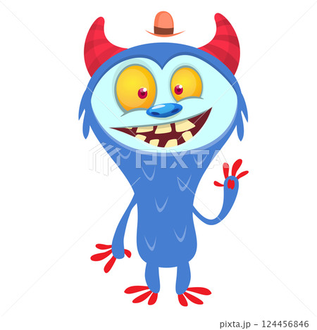 Cartoon cute monster with funny excited face expression waving hands. Vector illustration isolated on white. Halloween design Cartoon cute monster with funny excited face expression waving hands. Vector illustration isolated on white. Halloween design 124456846