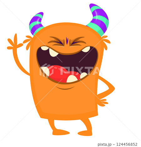Cartoon cute monster with funny excited face expression waving hands. Vector illustration isolated on white. Halloween design Cartoon cute monster with funny excited face expression waving hands. Vector illustration isolated on white. Halloween design 124456852