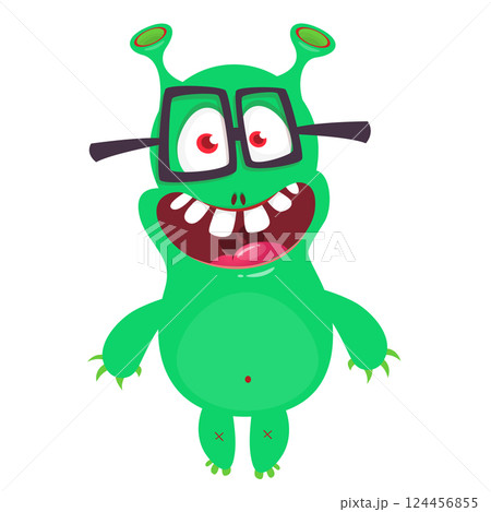 Cartoon cute monster with funny excited face expression waving hands. Vector illustration isolated on white. Halloween design 124456855