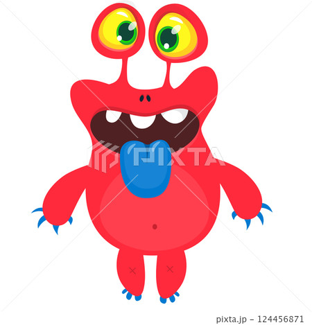 Cartoon cute monster showing long tongue. Vector illustration of alien character. Halloween design Cartoon cute monster showing long tongue. Vector illustration of alien character. Halloween design 124456871